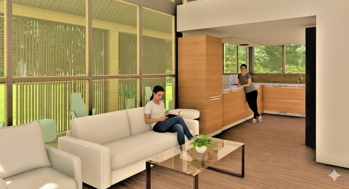 Interior de uma casa de campo moderna, com sala e cozinha integradas. À esquerda, uma mulher sentada em sofá branco lê um livro, enquanto outra pessoa apoia-se no balcão da cozinha de madeira clara. O ambiente tem grandes janelas de vidro que permitem a entrada de luz natural e vista para o verde externo.