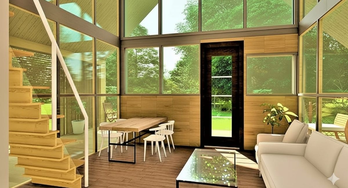 Sala de estar e jantar de uma casa de campo com pé-direito alto e amplas janelas de vidro. O espaço conta com sofá branco, mesa de centro de vidro, mesa de jantar de madeira clara com cadeiras brancas e escada de madeira ao lado. A porta de entrada dá vista para o gramado e árvores do lado de fora.