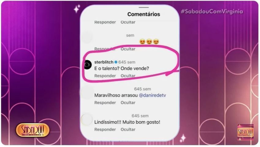 Comentário exibido durante participação de Daniela Albuquerque no "Sabadou com Virginia" • Reprodução / SBT