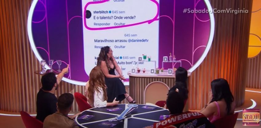 Convidados do "Sabadou com Virginia" vendo o comentário feito por Sterblitch • Reprodução / SBT