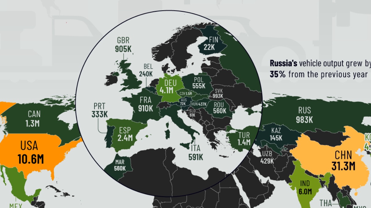 Mapa revela domínio asiático na produção mundial de automóveis
