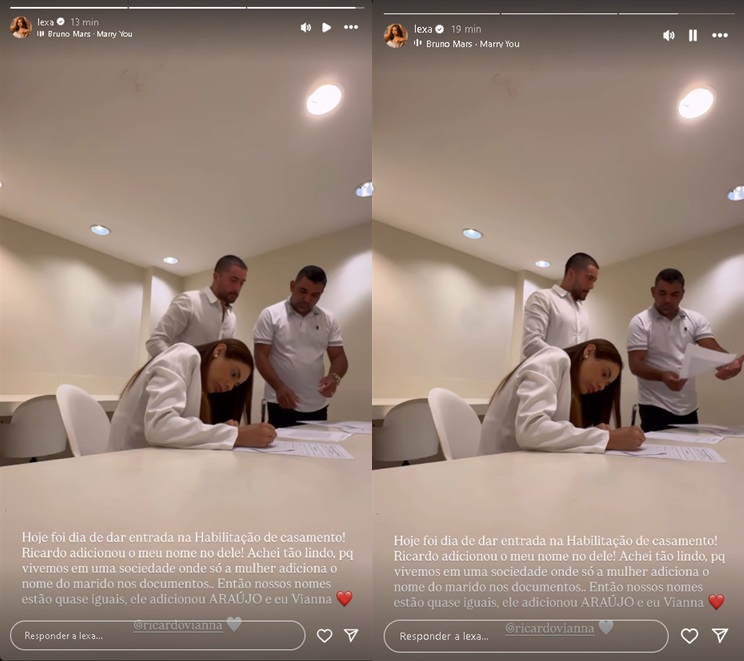 Lexa e Ricardo Vianna dão entrada no casamento civil - Foto: Reprodução/Instagram @lexa
