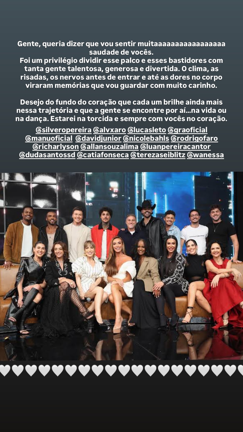 Fernanda Paes Leme se despede de colegas do 'Dança dos Famosos' após eliminação — Foto: Reprodução/Instagram