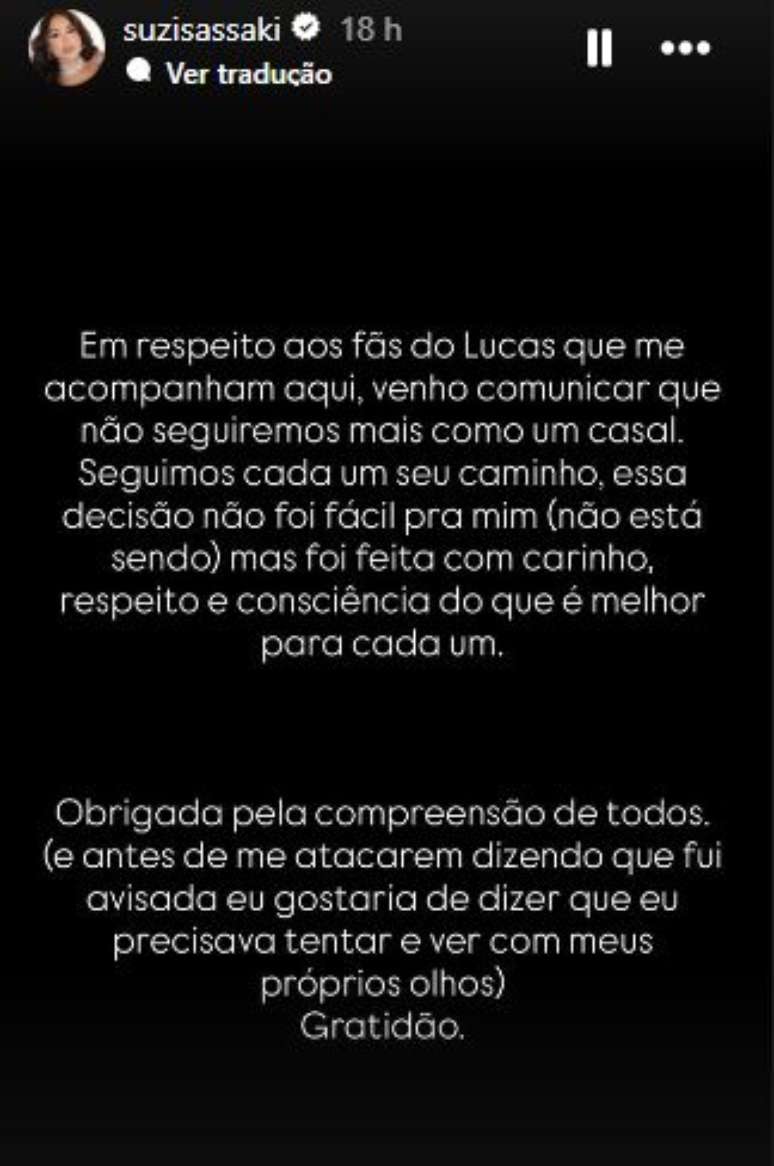 Atriz anuncia término de namoro com Lucas Souza