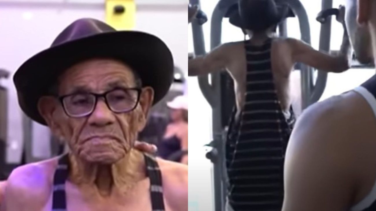 na foto aparece seu Adivaldino Vieira, o vovô sarado de 97 anos que desafia a idade fazendo exercícios na academia