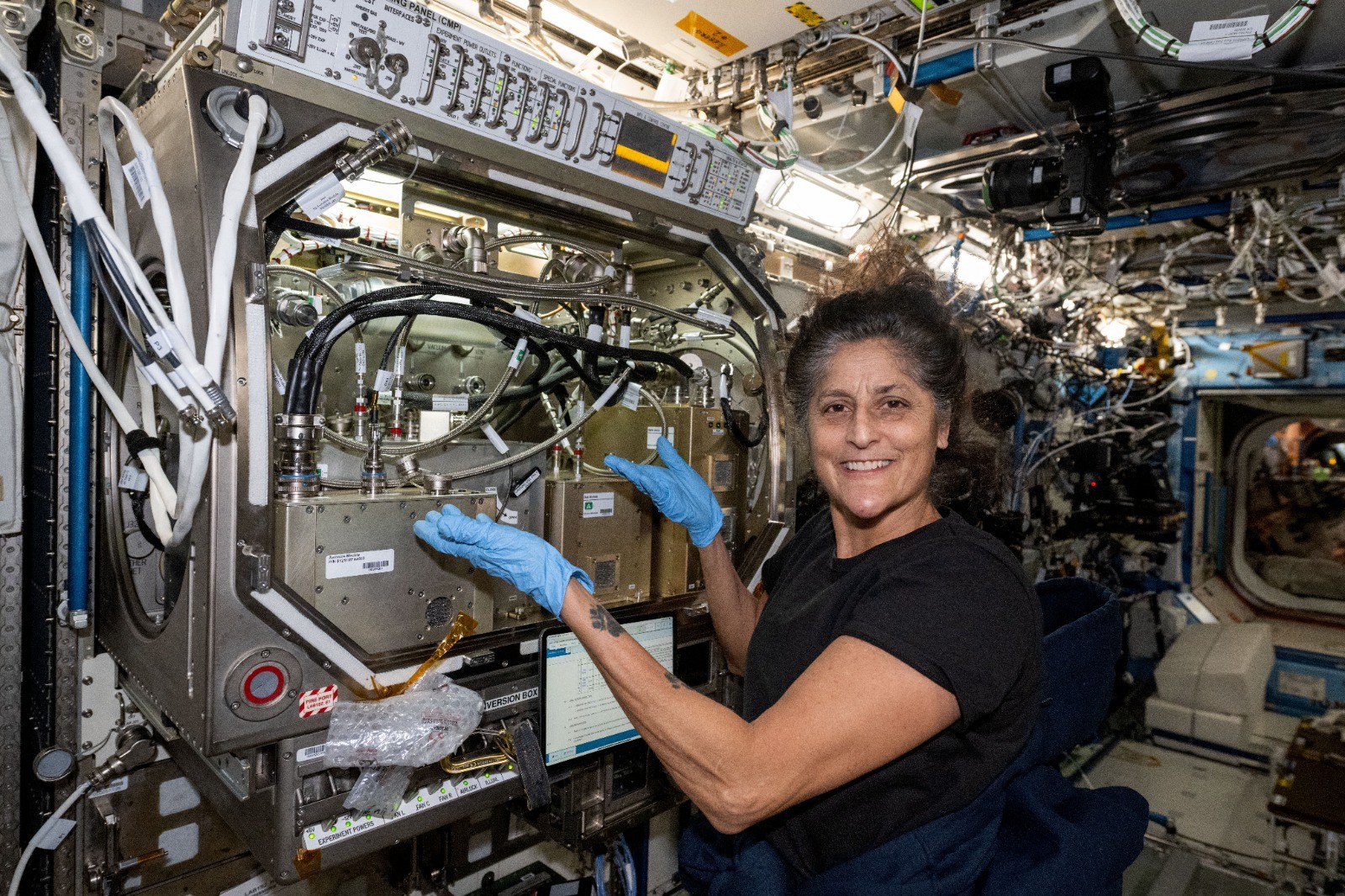 A astronauta Suni Williams instala hardware em experimento de reator de leito fixo, usada com muitas das principais tecnologias de recuperação de água e revitalização do ar — Foto: NASA/Divulgação
