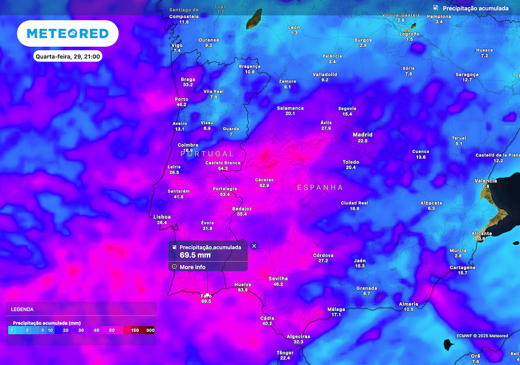 Valores próximos dos 70 mm acumulados na região do Algarve, em particular, em Faro.