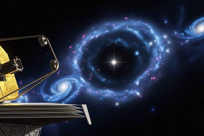 Concepção artística do telescópio espacial James Webb ao analisar mundos distantes -  (crédito: Whisk/Google IA)