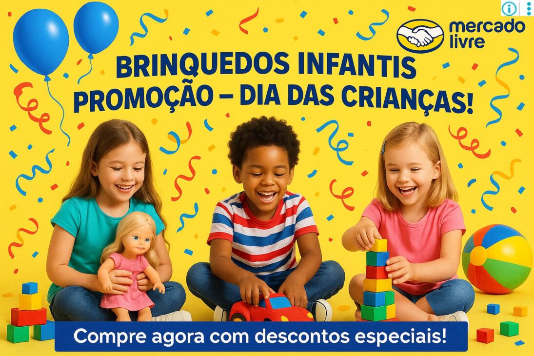 Crianças sorrindo e brincando com brinquedos coloridos em promoção no Mercado Livre durante o Dia das Crianças.