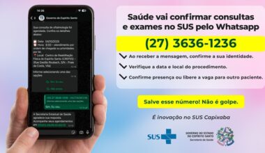 Saúde vai confirmar consultas e exames no SUS capixaba pelo Whatsapp (27) 3636-1236