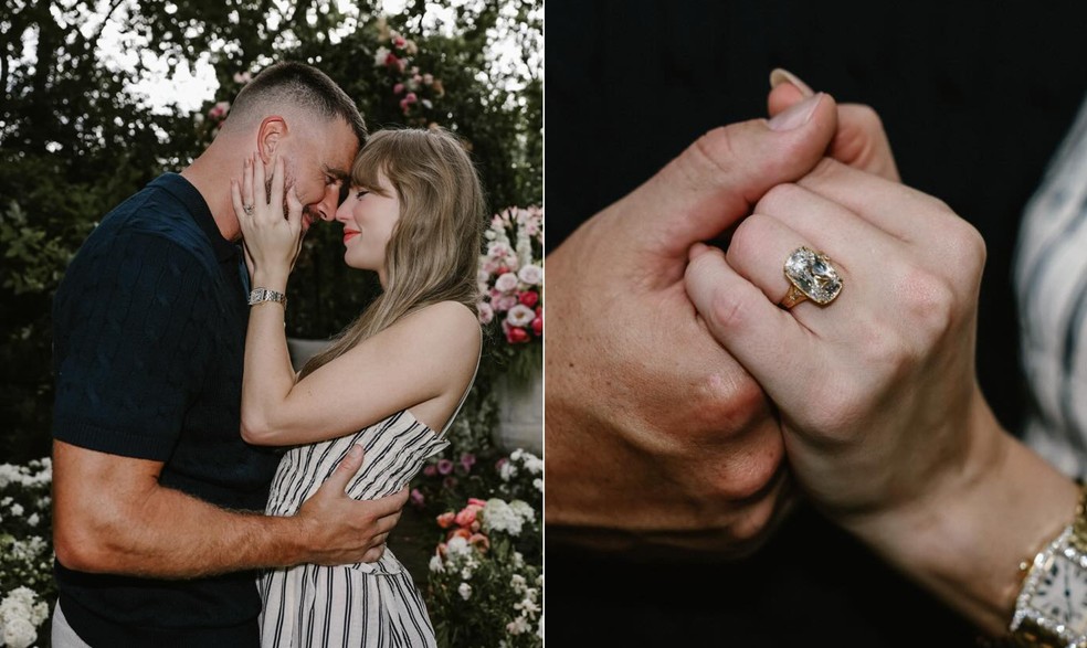 Noivado de Taylor Swift e Travis Kelce foi firmado com anel cujo design foi criado pelo próprio atleta — Foto: Reprodução / Instagram
