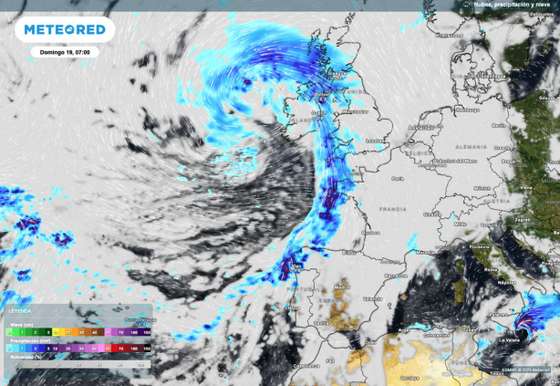 O mapa da Meteored que mostra a depressÃ£o sobre o Reino Unido e a frete a chegar a Portugal