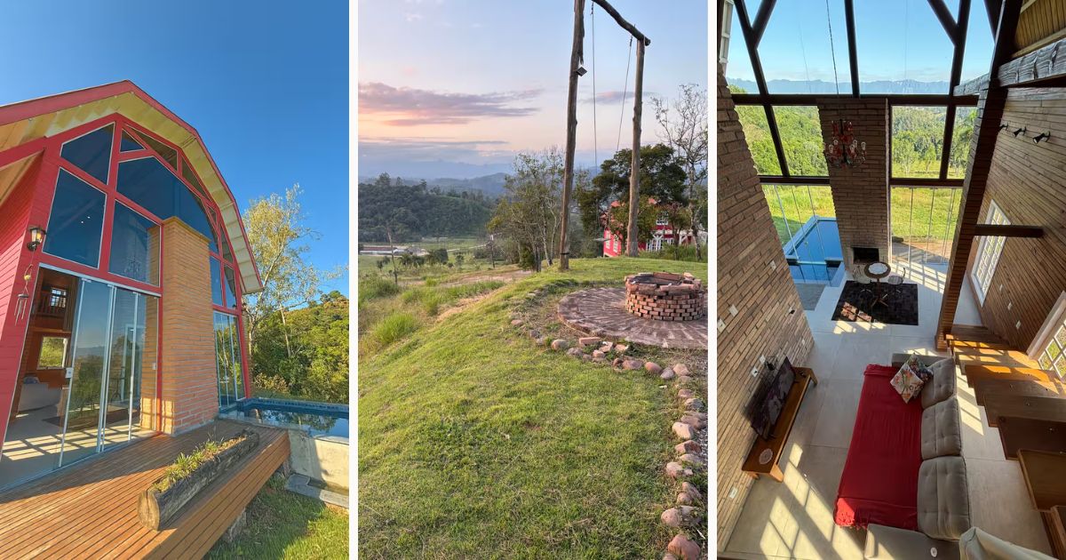 Imagens da faxada do celeiro, da parte externa e da parte de dentro, para situar os leitores de como uma das hospedagens mais inusitadas de SC se parece 