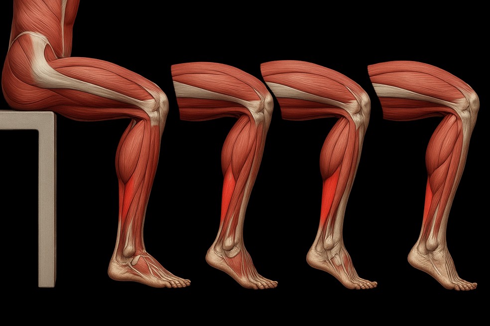 Para malhar o sóleo, basta você, sentado e com a sola dos pés no chão, erguer perna e joelhos mantendo a ponta do pé no chão — Foto: Reprodução