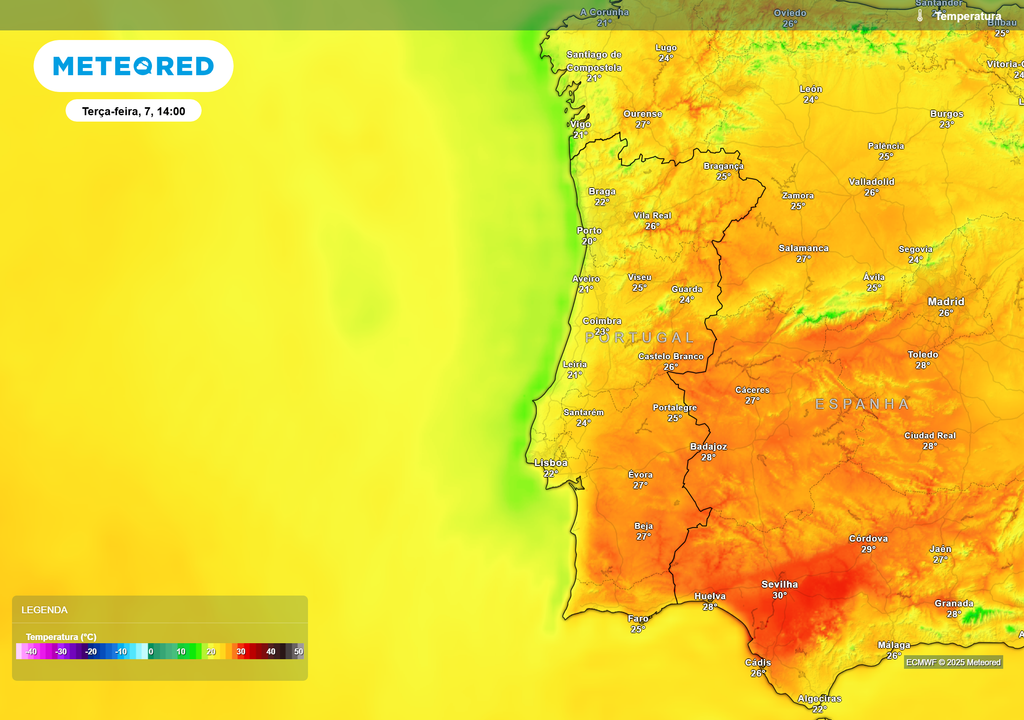 Temperaturas máximas para Portugal continental