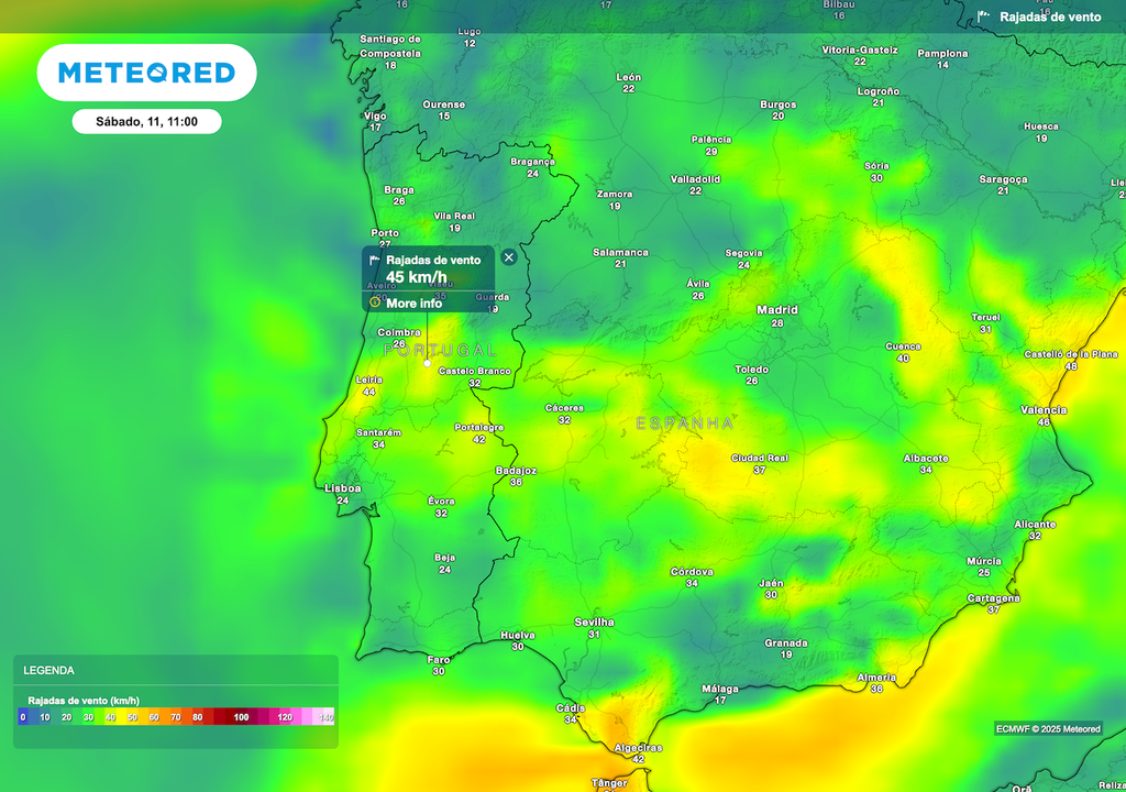 Rajadas de vento até 50 km/h na região centro de Portugal Continental