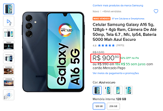 Galaxy A16 5G em oferta no Mercado Livre