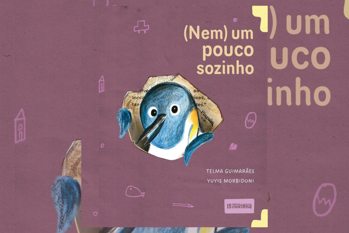 Capa de livro com título e nome do autor e ilustração de um pinguim azul e branco em fundo roxo