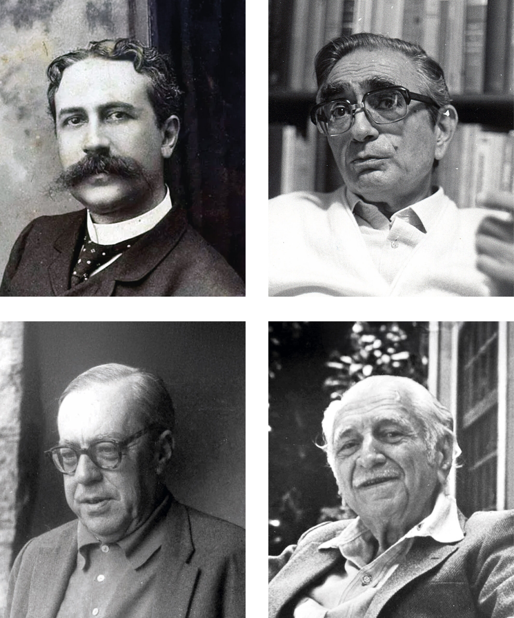 Esta imagem é uma colagem formada por quatro retratos de homens, organizados em uma grade com duas fotos em cima e duas embaixo. Todos parecem ser intelectuais ou escritores de diferentes épocas.

No canto superior esquerdo, há uma fotografia antiga e formal de um homem com cabelo escuro e um bigode grande e vistoso, que encara a câmera seriamente.

No canto superior direito, uma foto em preto e branco mostra um homem de meia-idade com óculos de aros grossos e uma expressão séria, sentado diante de uma estante cheia de livros.

No canto inferior esquerdo, outra foto em preto e branco retrata um homem mais velho, calvo e de óculos, com um olhar melancólico e pensativo, direcionado para baixo.

Finalmente, no canto inferior direito, há o retrato em preto e branco de um homem idoso, de cabelo e bigode brancos, que oferece um sorriso leve e amigável.