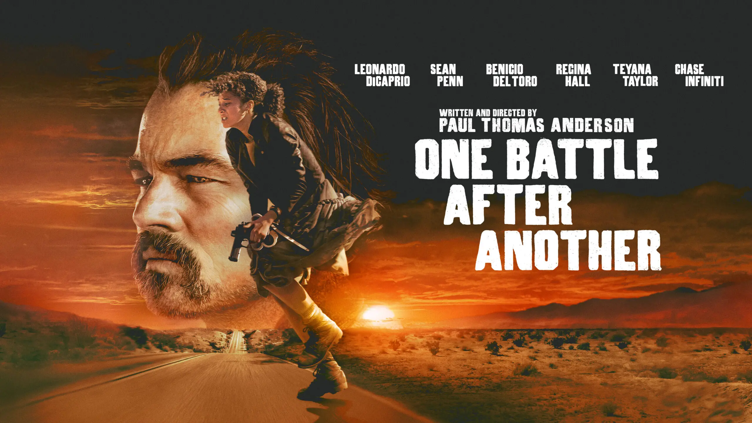 Cartaz de "Uma Batalha Após a Outra", com os atores Leonardo DiCaprio e Regina Hall em destaque