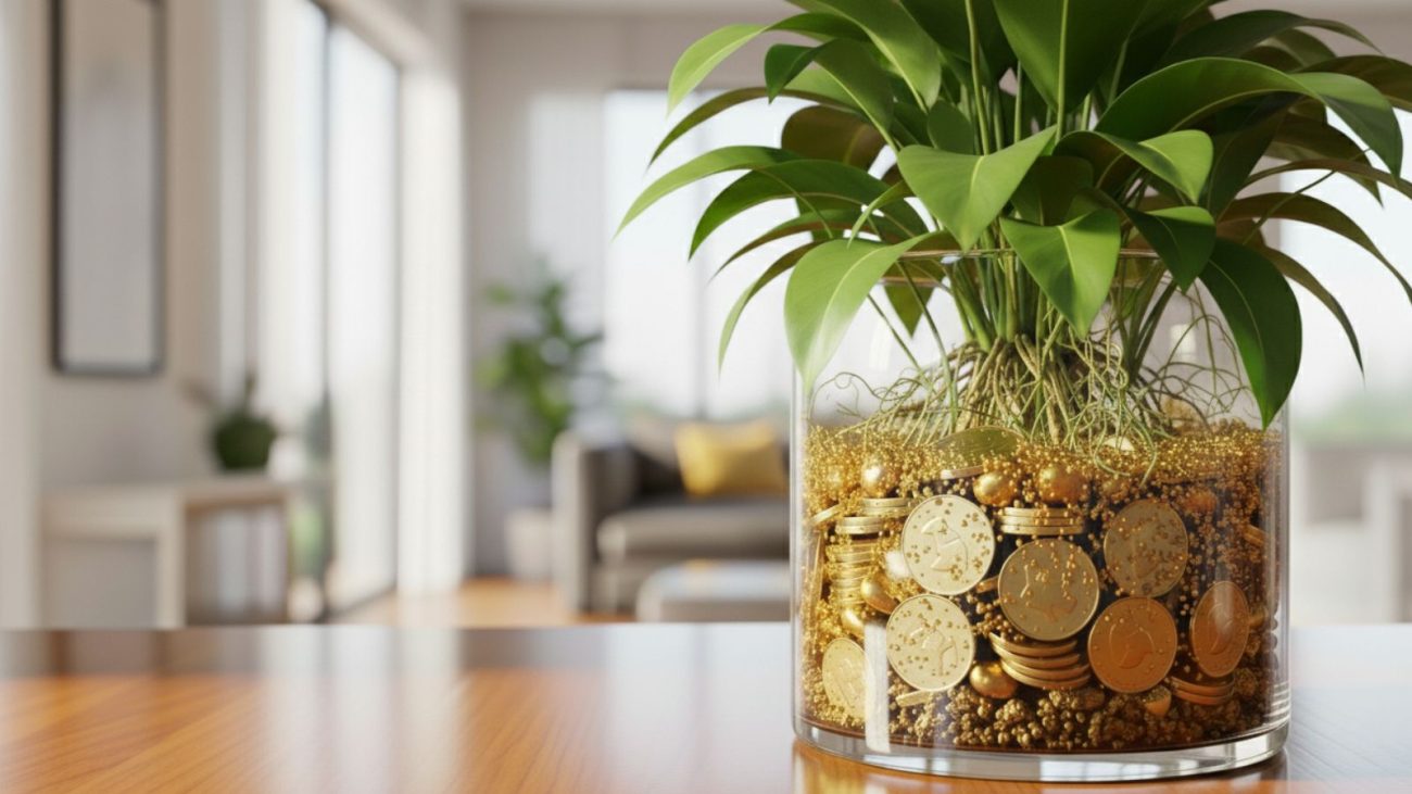 Imagem mostra um vaso transparente com uma planta de folhas verdes e longas e o solo cheio de pedras e moedas de ouro.