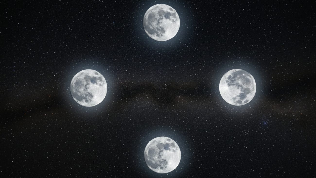 Imagem criativa mostrando várias luas brilhando no céu estrelado, representando superluas em uma composição artística