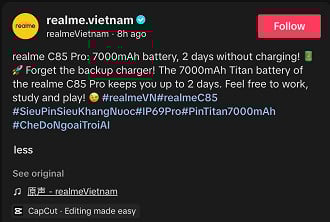 Realme C85 Pro vai ter bateria para até dois dias de uso. Imagem: Reprodução