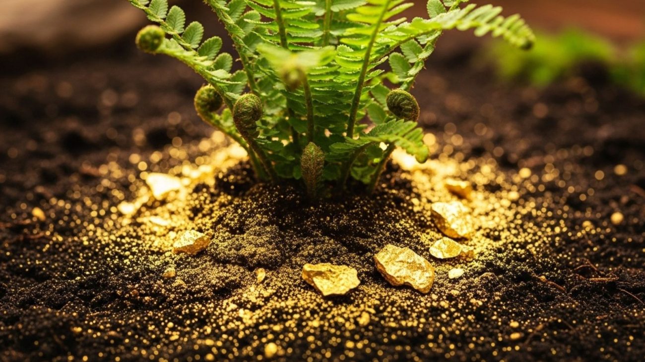 Imagem mostra uma samambaia crescendo em um solo com pó de ouro.