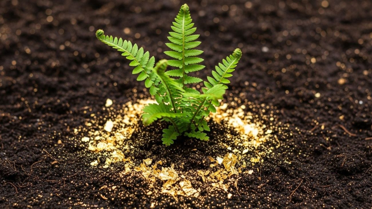Imagem mostra uma samambaia crescendo em um solo com pó de ouro.