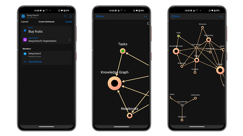 Três telas de smartphone mostrando um aplicativo de anotações com tarefas e um gráfico de conhecimento.