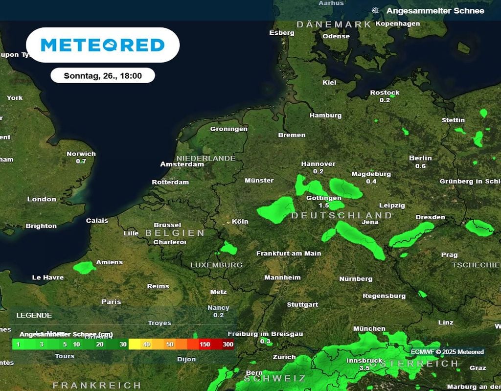 A primeira neve caiu no domingo. O mapa mostra as alturas de neve registadas no domingo à tarde.