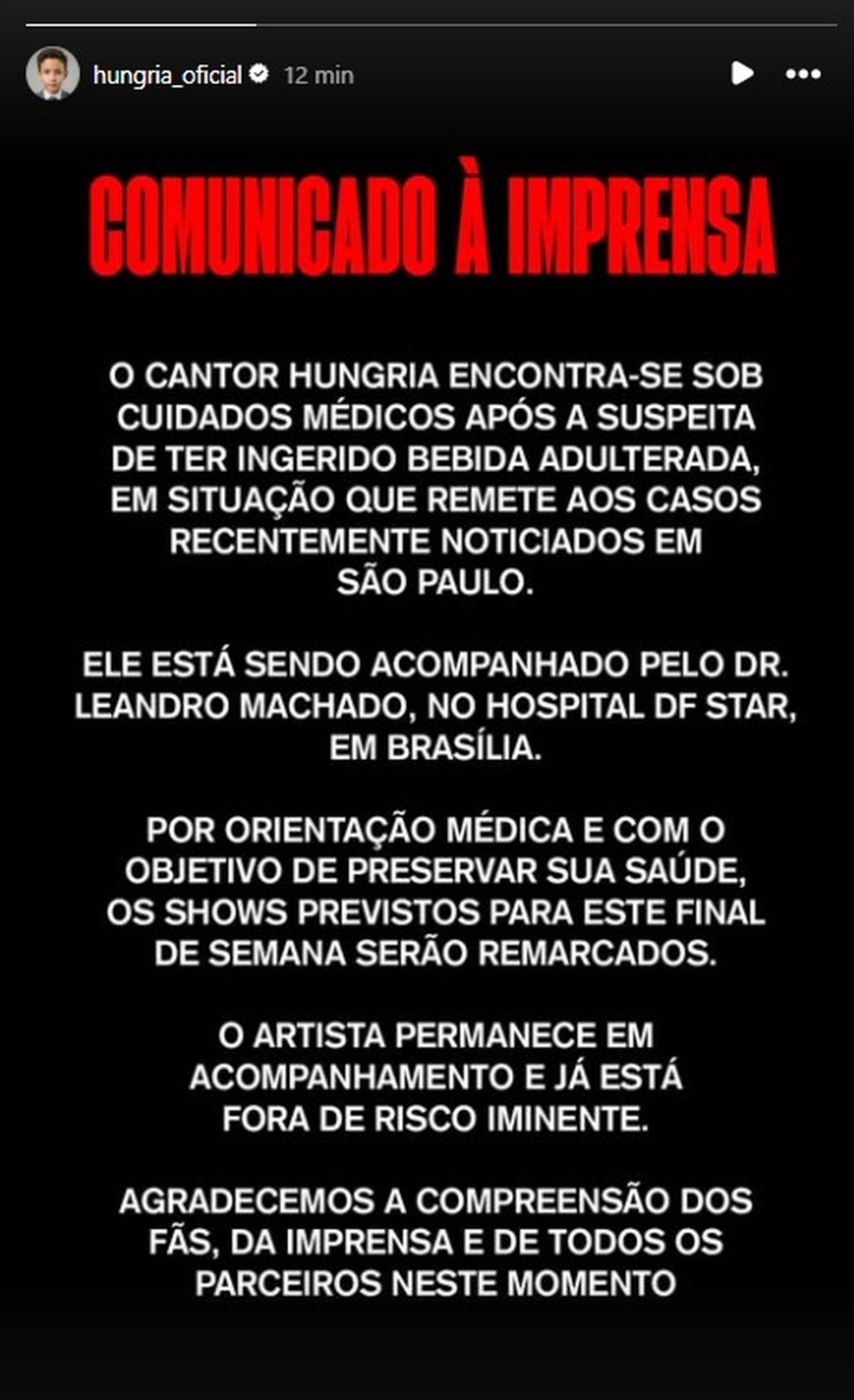 Rapper Hungria é internado em hospital de Brasília — Foto: Reprodução