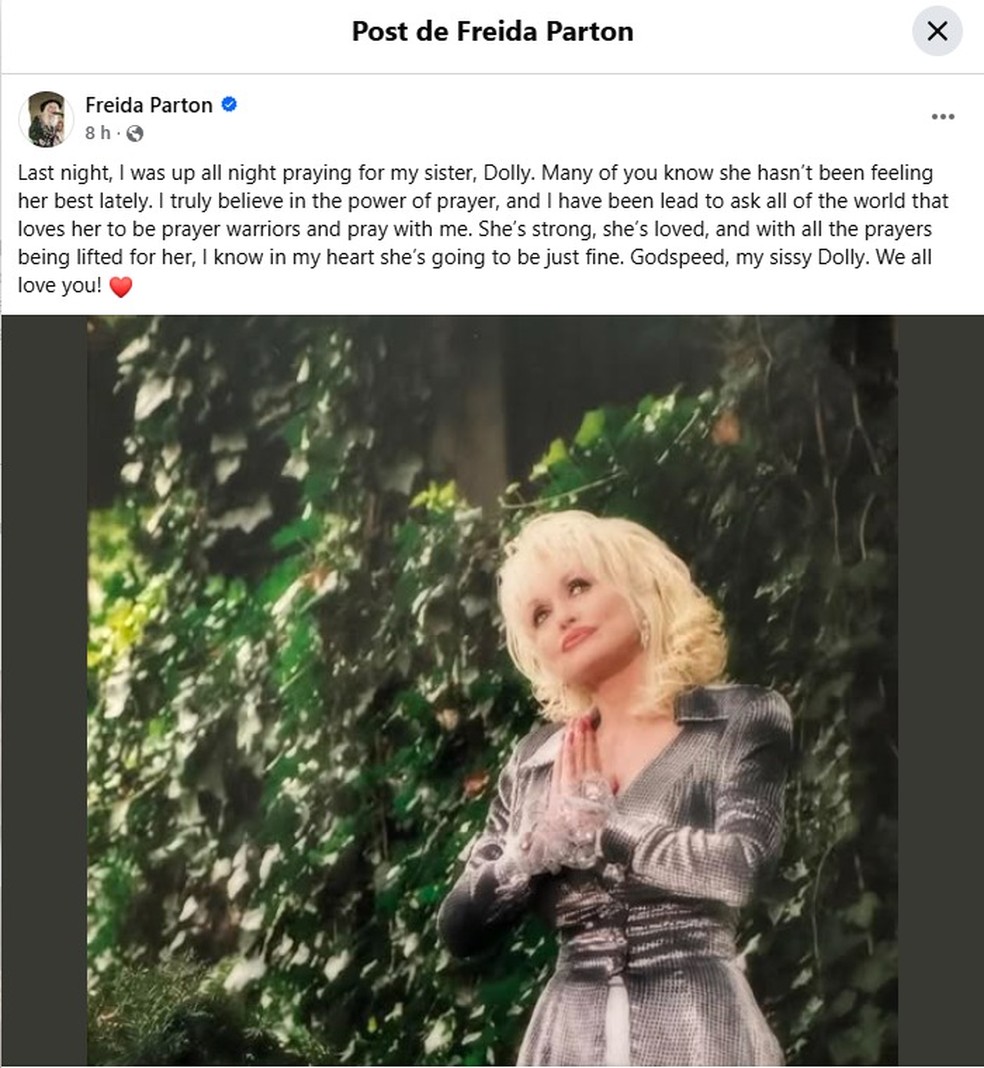 Irmã de Dolly Parton faz post no Facebook pedindo orações pela artista — Foto: Reprodução / Facebook