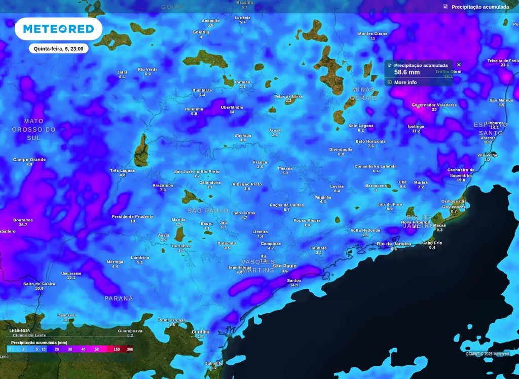 Precipitação acumulada prevista para esta quinta-feira (6), de acordo com o modelo ECMWF.