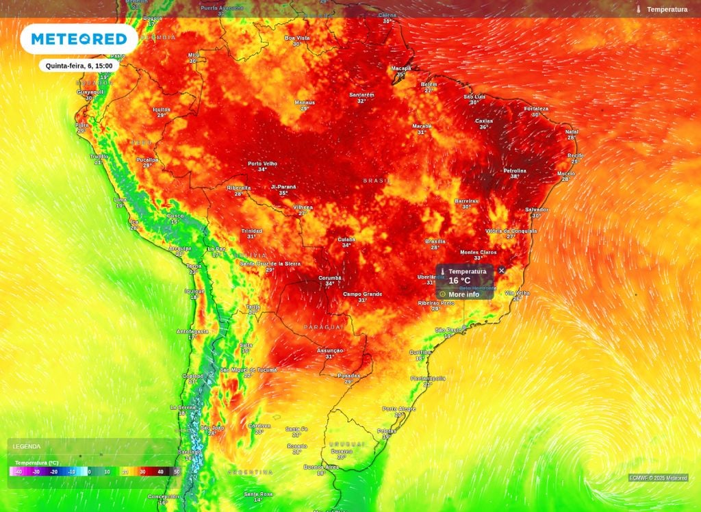 Temperatura prevista para a tarde de quinta-feira (6), segundo o modelo ECMWF.