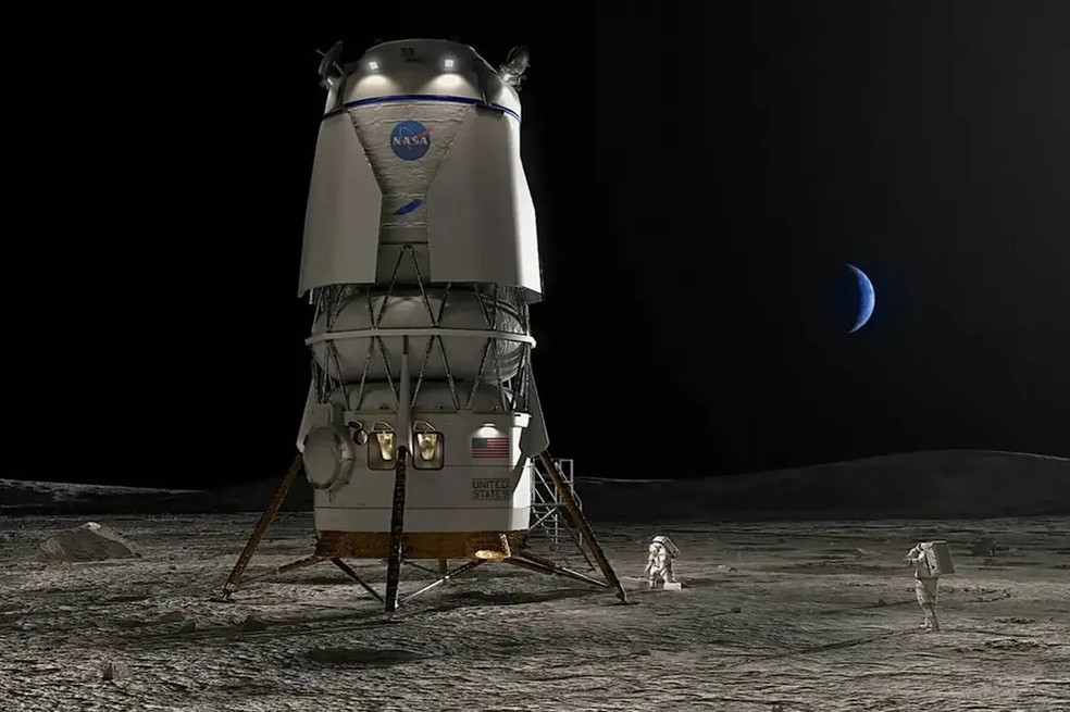 Uma ilustração conceitual divulgada pela Blue Origin de seu grande módulo lunar Mark 2, capaz de transportar uma tripulação — Foto: Blue Origin