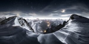 Panorama das Dolomitas italianas coberta de neve. Imagem premiada no concurso de fotografia panorâmica