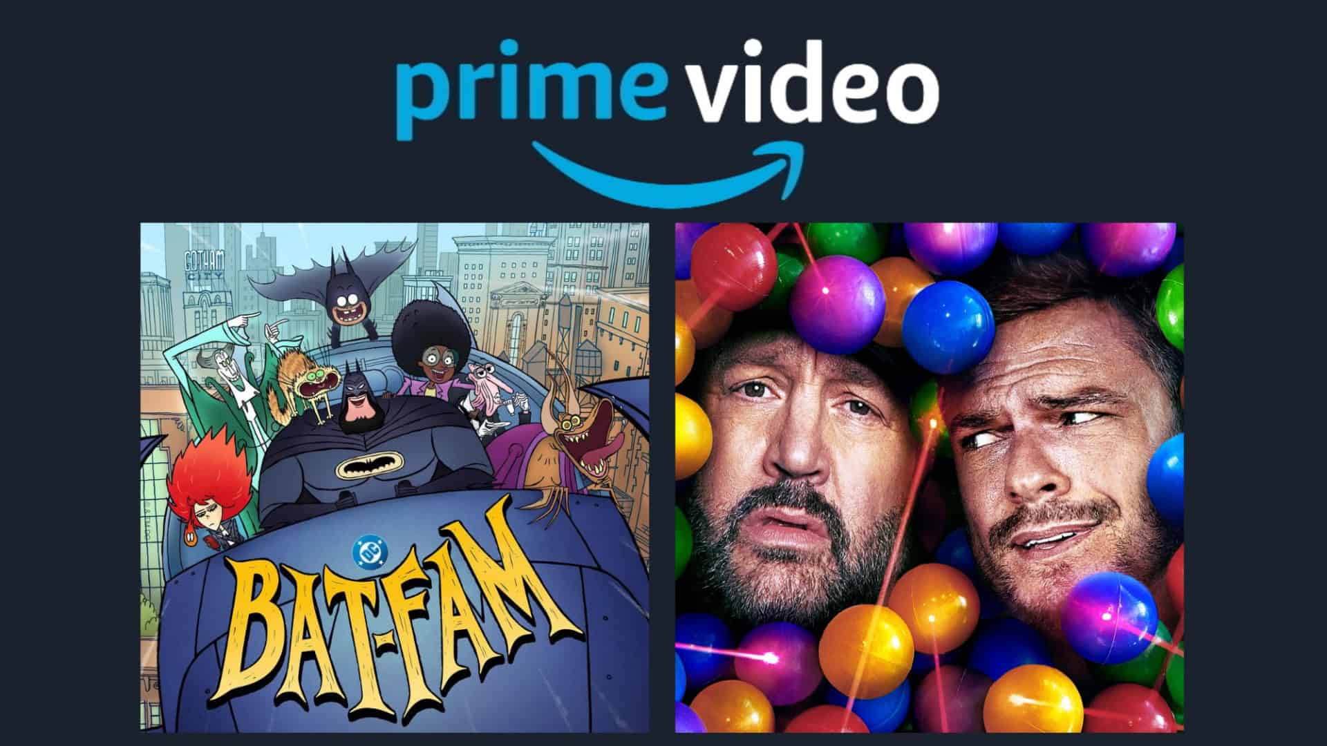 Montagem com pôsteres da série Bat-Família e do filme Um Dia Fora de Controle, que vão estrear no Prime Video na semana entre 10 e 16 de novembro de 2025
