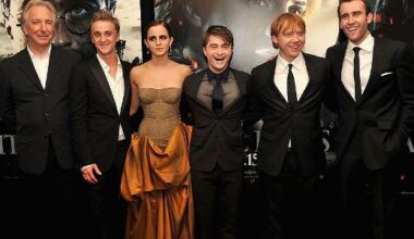 Alan Rickman, Tom Felton, Emma Watson, Daniel Radcliffe, Rupert Grint e Matthew Lewis na pré-estreia de