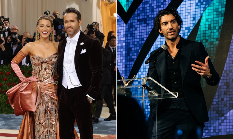 Blake Lively, Ryan Reynolds e Justin Baldoni — Foto: Mike Coppola/Getty Images via AFP e Jeenah Moon/The New York Times