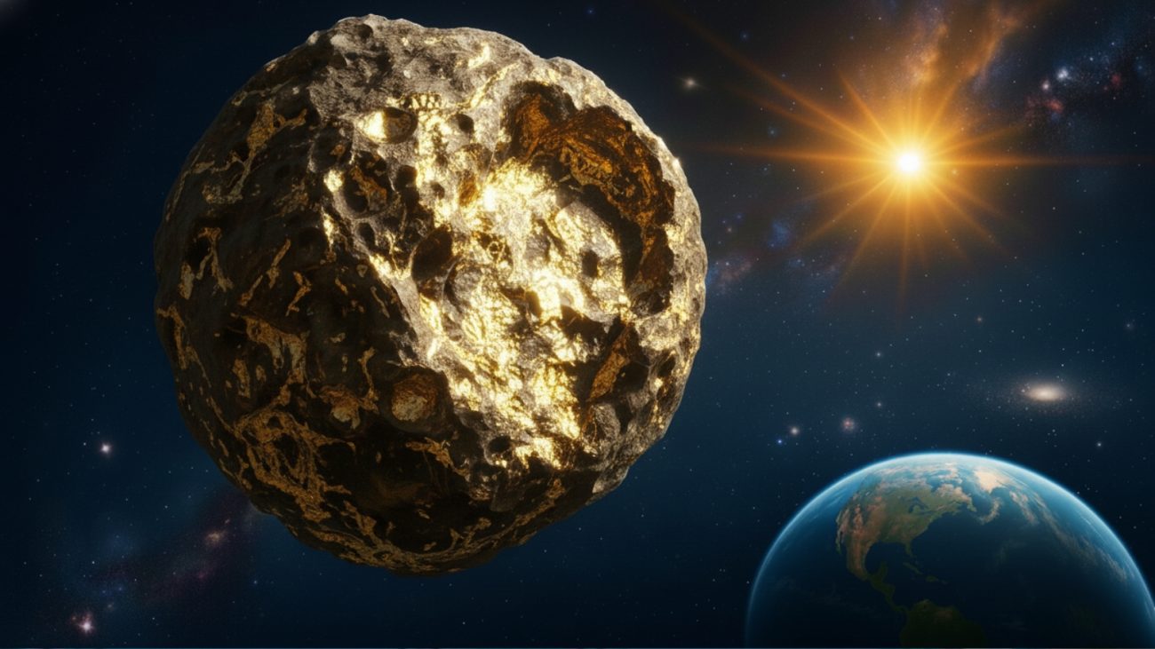 Asteroide de ouro 16 Psyche com Terra por baixo e sol