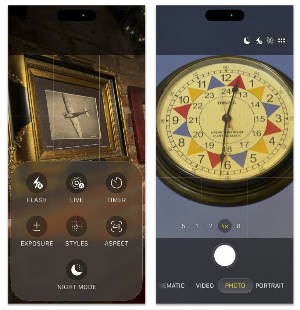 Em outra foto divulgada pela Apple, sem data, como mostrado à esquerda no aplicativo Câmera do iOS 26, toque no botão Foto para abrir um menu de configurações. Como mostrado à direita, pressione o botão Vídeo ou Foto para revelar o menu de modos de disparo. Os pequenos ícones na parte superior da tela indicam quais configurações estão ativadas — Foto: Apple via The New York Times