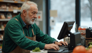 Funcionário supermercado idoso. Crédito: Freepik AI