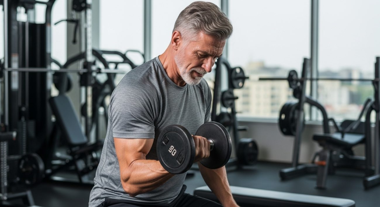 na foto aparece um homem que faz exercícios na academia e cuida dos músculos para não ter problemas de saúde