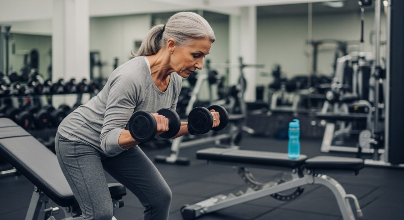na foto aparece uma mulher fazendo exercícios na academia levantando peso para manter os músculos do braço em forma 