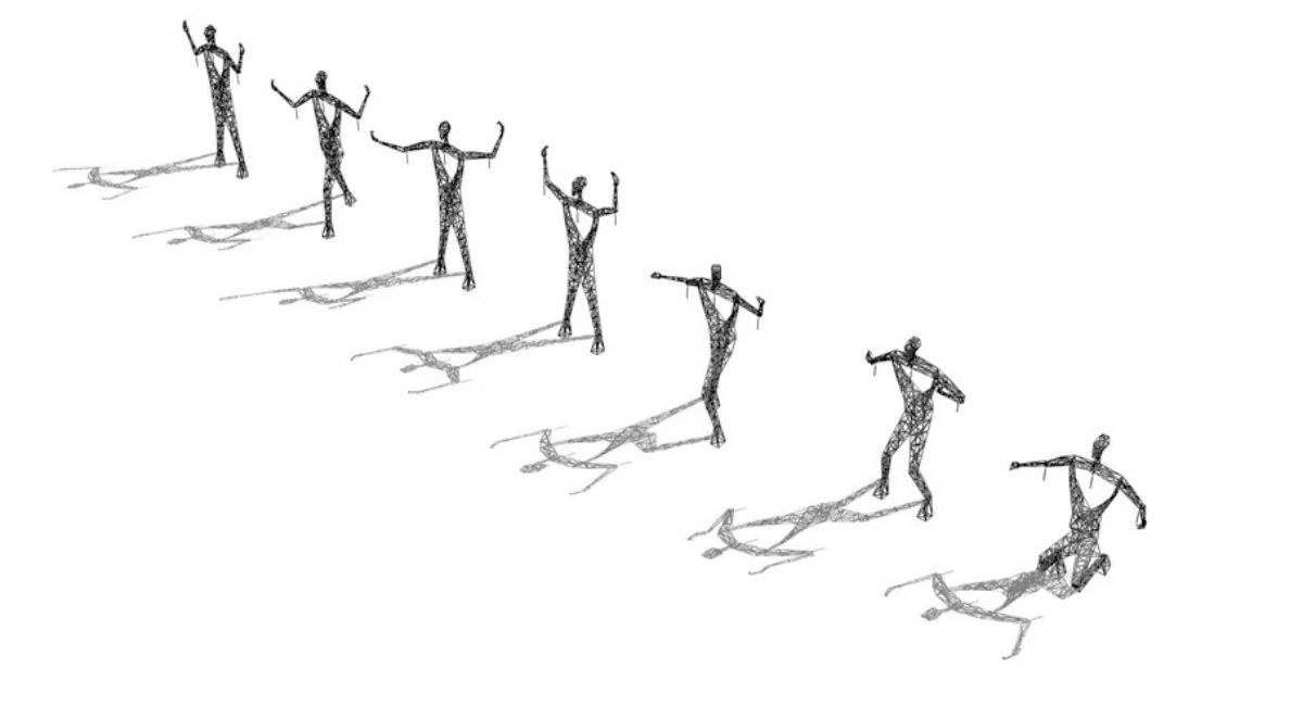 Série de estruturas desenhadas de metal em formato humano, representando postes elétricos estilizados, posicionadas em sequência. As figuras parecem caminhar ou se mover, criando a sensação de movimento e leveza.