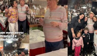 Raul Gil posa com fãs em restaurante após internação