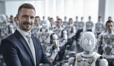 Empresário em primeiro plano, com robôs no segundo plano