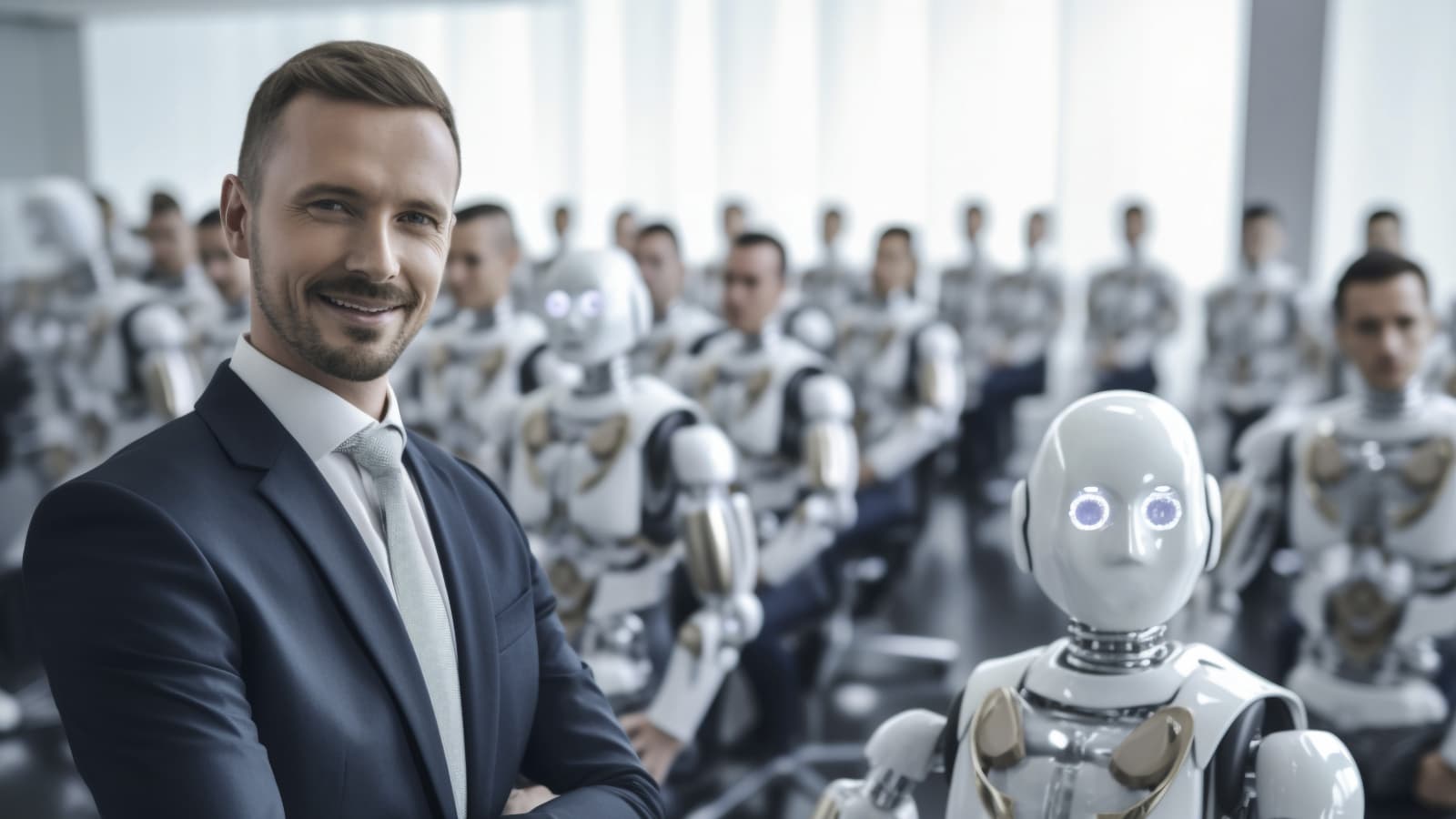 Empresário em primeiro plano, com robôs no segundo plano