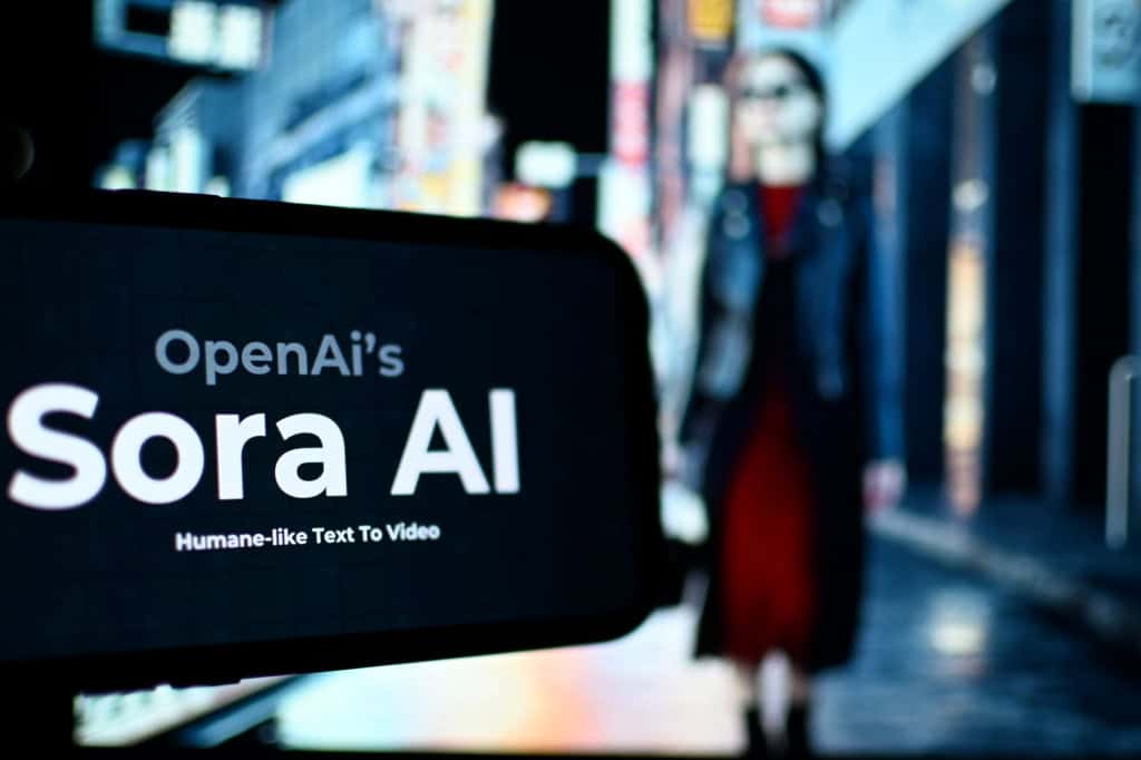 Logo da Open AI com os dizeres Sora 2 em um smartphone
